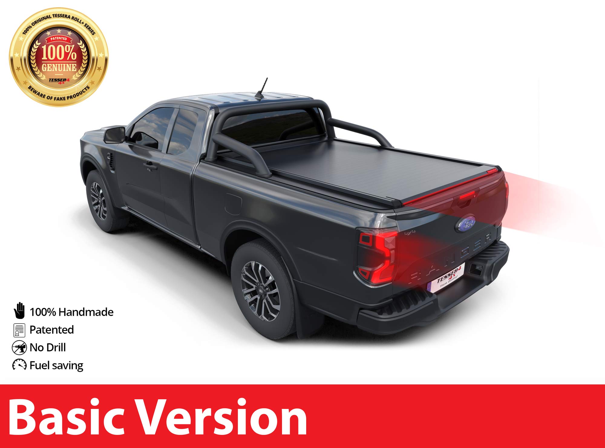 Tessera Roll+ Laderaumabdeckung "Basic" für FORD Ranger T6.2 P703 2023+ Extrakabine mit OEM Überrollbügel TESS 14070 ROLL black matt