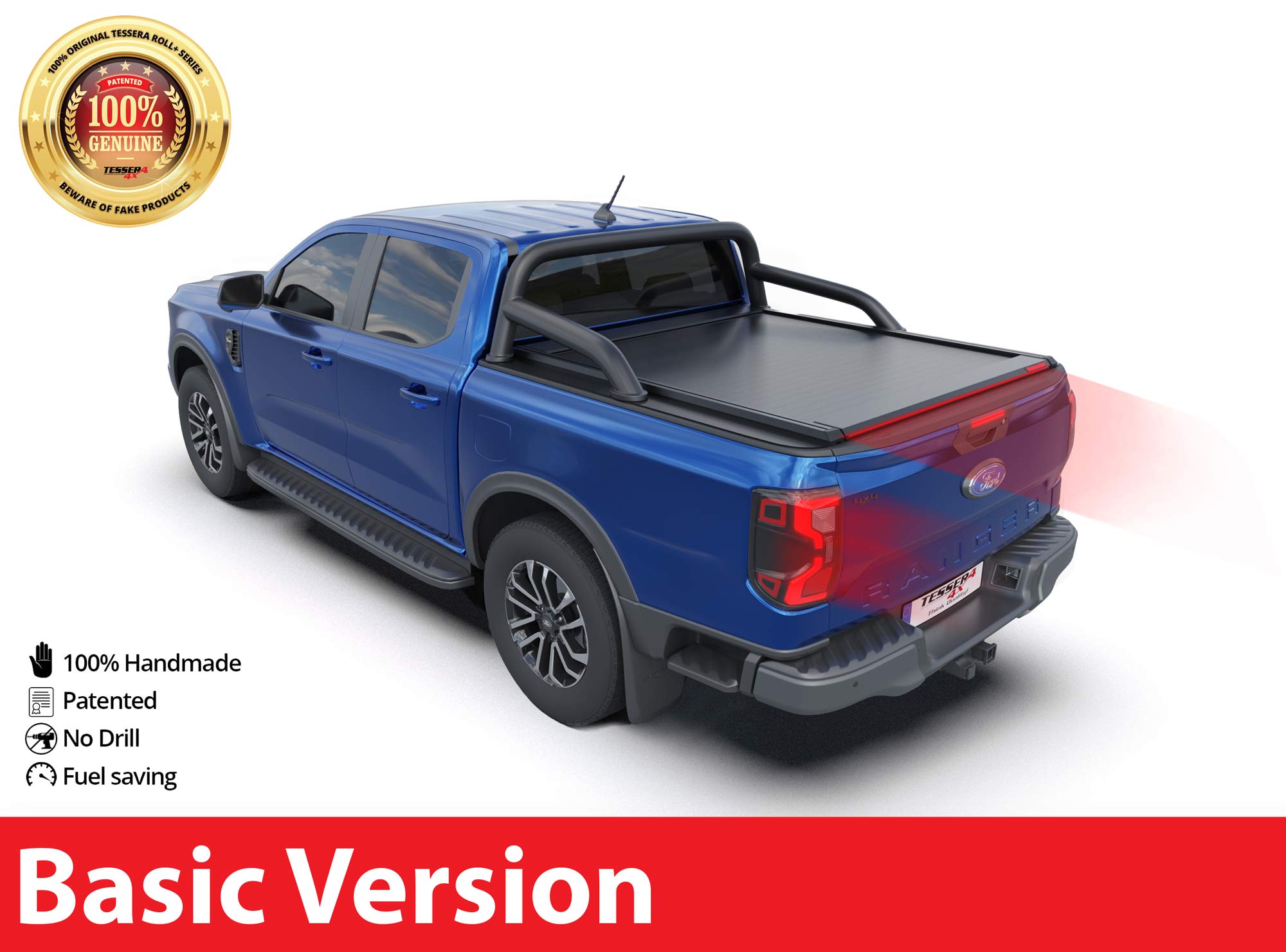 Tessera Roll+ Laderaumabdeckung "Basic" für FORD Ranger T6.2 P703 2023+ D/C mit OEM Überrollbügel TESS 14060 ROLL black matt