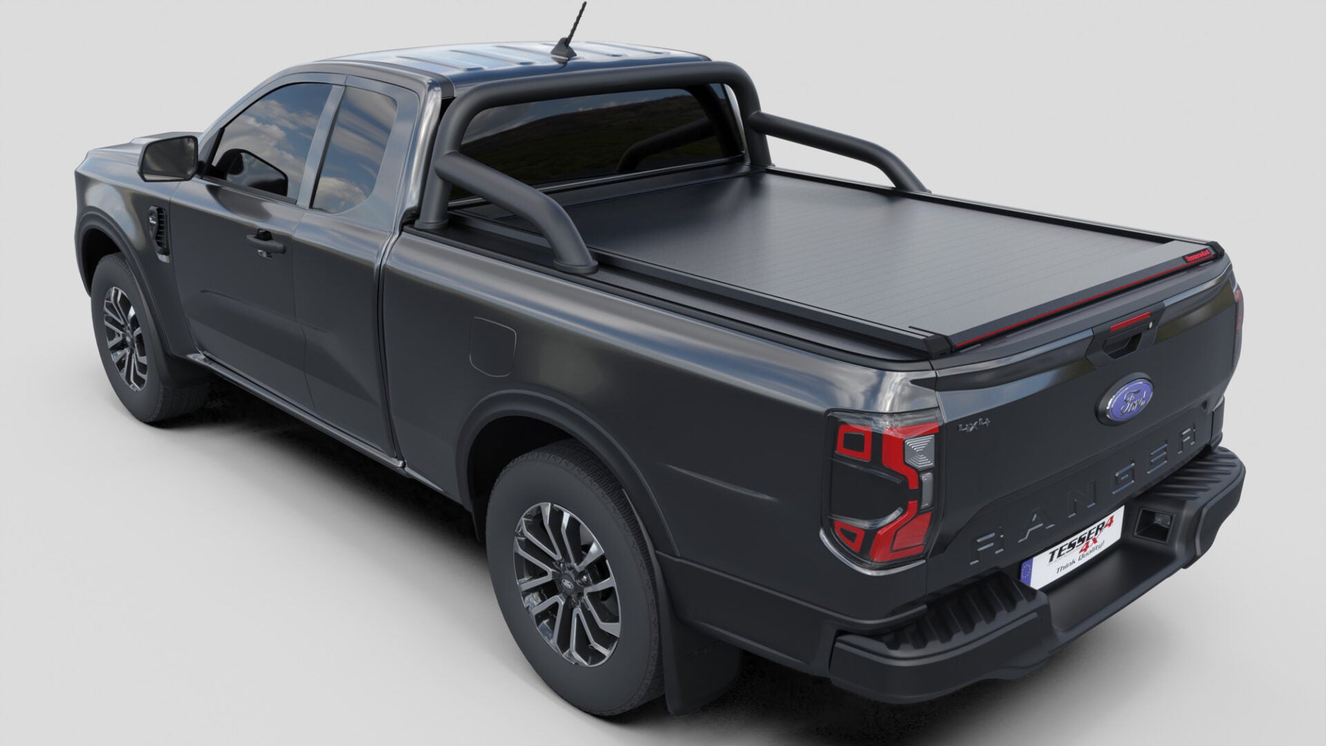 Laderaumabdeckung Tessera SE für FORD Ranger T6.2 P703 2023+ Extrakabine mit OEM Überrollbügel TESS 15070 ROLL black matt