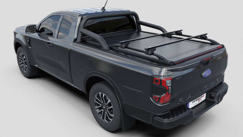 Laderaumabdeckung Tessera SE für FORD Ranger T6.2 P703 2023+ Extrakabine mit OEM Überrollbügel TESS 15070 ROLL black matt