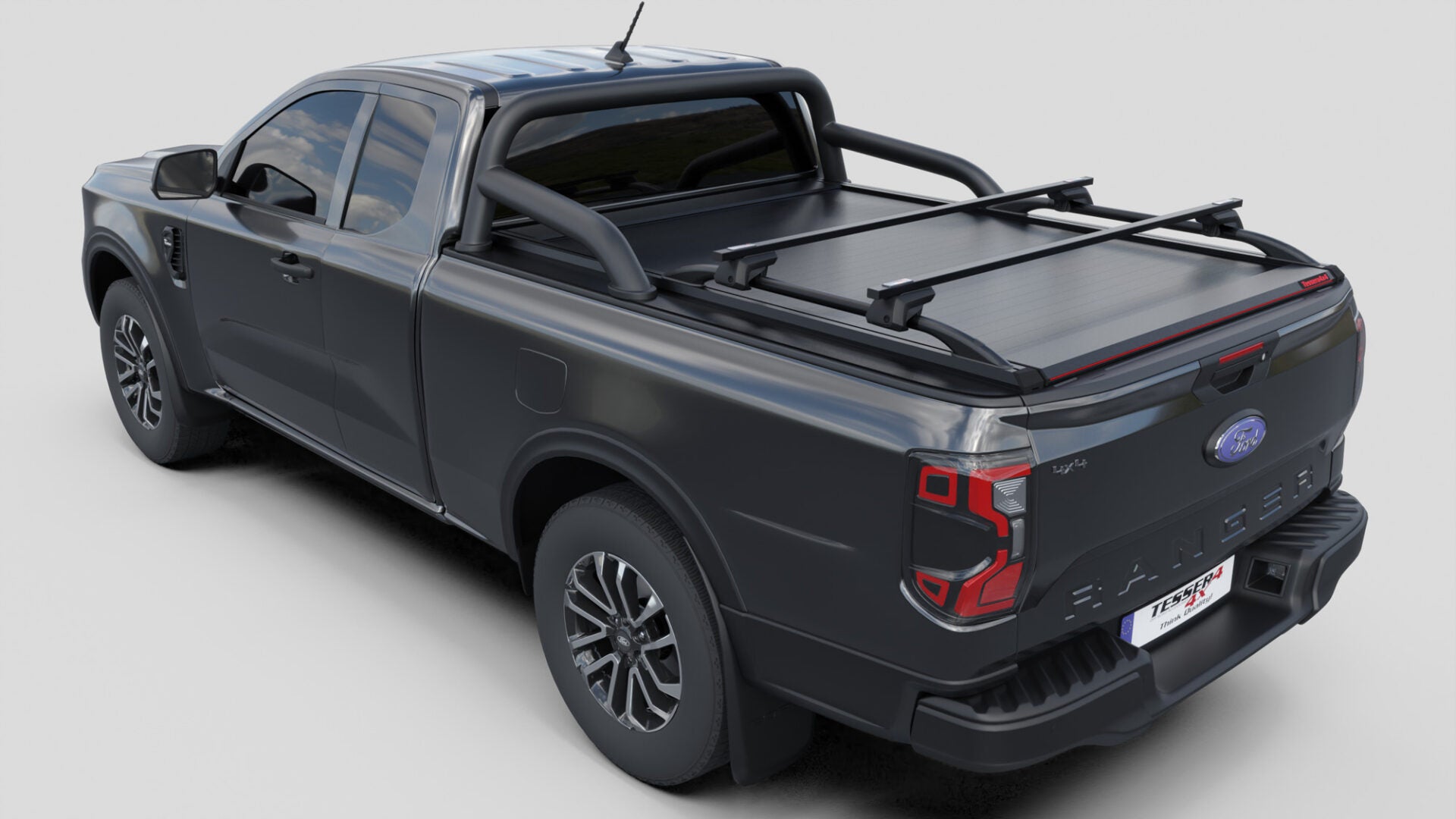 Laderaumabdeckung Tessera SE für FORD Ranger T6.2 P703 2023+ Extrakabine mit OEM Überrollbügel TESS 15070 ROLL black matt