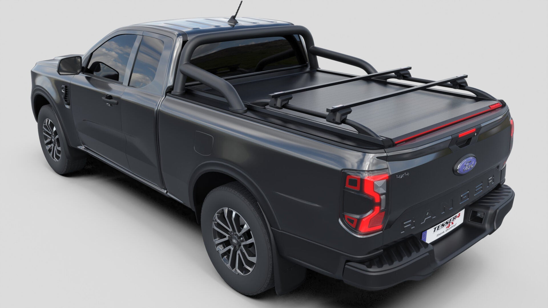 Tessera Roll+ Laderaumabdeckung "Basic" für FORD Ranger T6.2 P703 2023+ Extrakabine mit OEM Überrollbügel TESS 14070 ROLL black matt