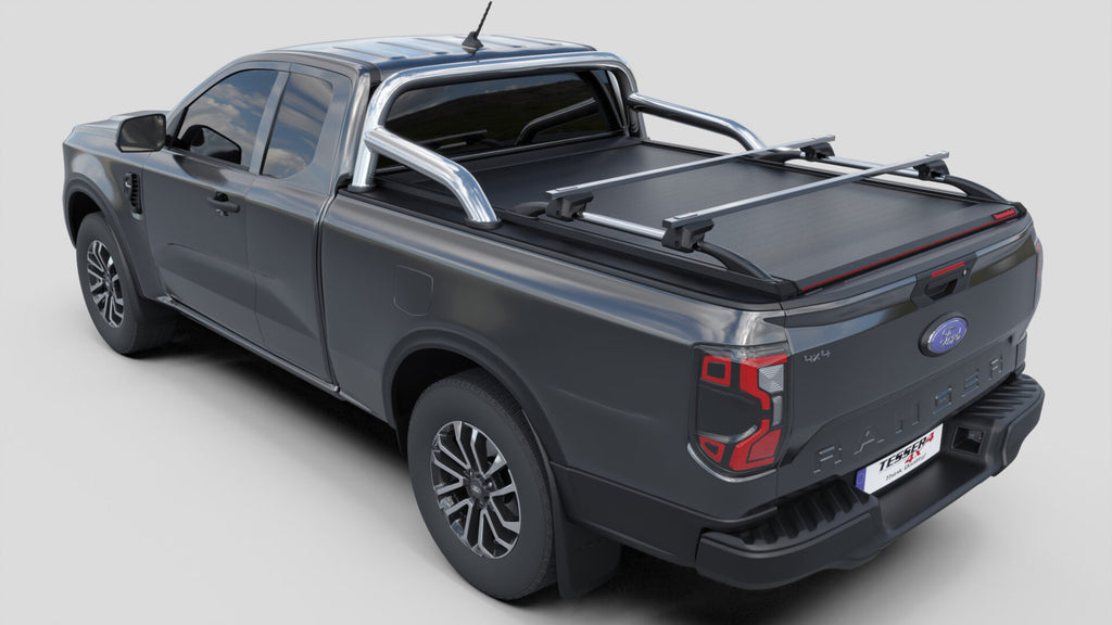 Laderaumabdeckung Tessera SE für FORD Ranger T6.2 P703 2023+ Extrakabine mit OEM Überrollbügel TESS 15070 ROLL black matt