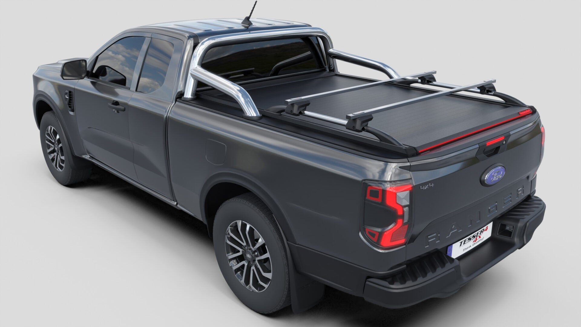 Tessera Roll+ Laderaumabdeckung "Basic" für FORD Ranger T6.2 P703 2023+ Extrakabine mit OEM Überrollbügel TESS 14070 ROLL black matt