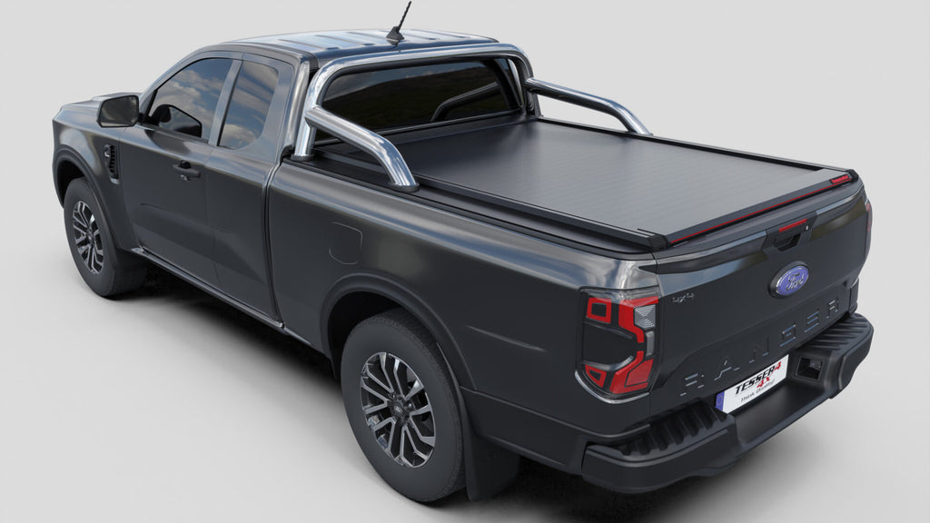 Laderaumabdeckung Tessera SE für FORD Ranger T6.2 P703 2023+ Extrakabine mit OEM Überrollbügel TESS 15070 ROLL black matt