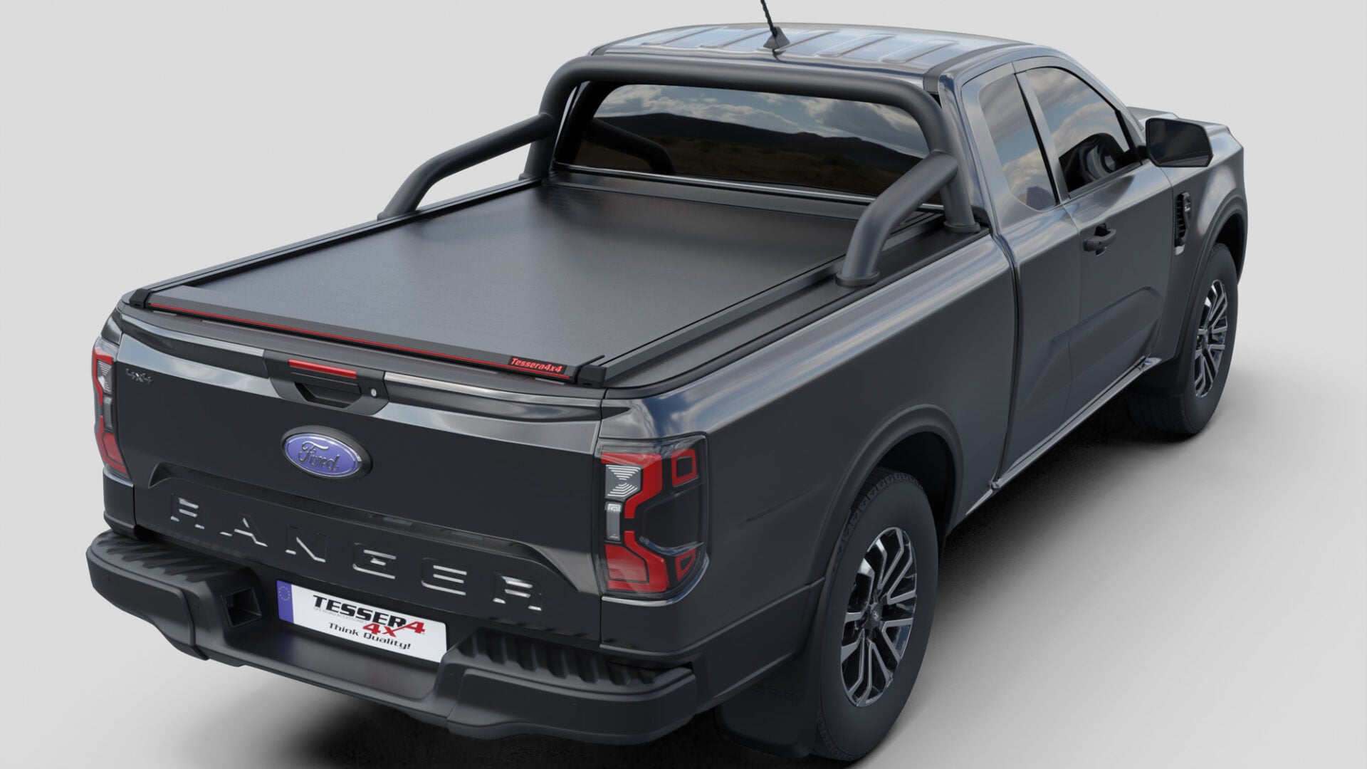 Laderaumabdeckung Tessera SE für FORD Ranger T6.2 P703 2023+ Extrakabine mit OEM Überrollbügel TESS 15070 ROLL black matt