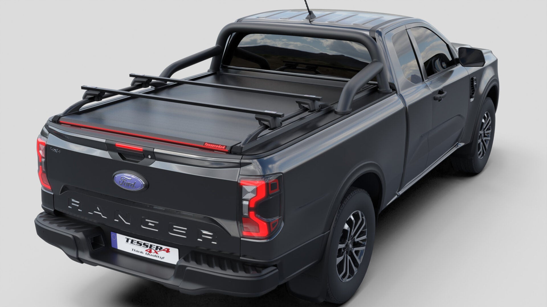 Tessera Roll+ Laderaumabdeckung "Basic" für FORD Ranger T6.2 P703 2023+ Extrakabine mit OEM Überrollbügel TESS 14070 ROLL black matt