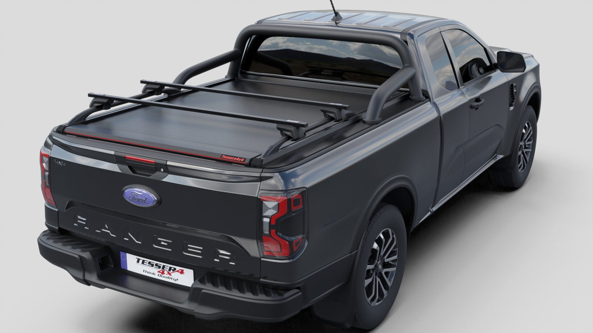 Laderaumabdeckung Tessera SE für FORD Ranger T6.2 P703 2023+ Extrakabine mit OEM Überrollbügel TESS 15070 ROLL black matt