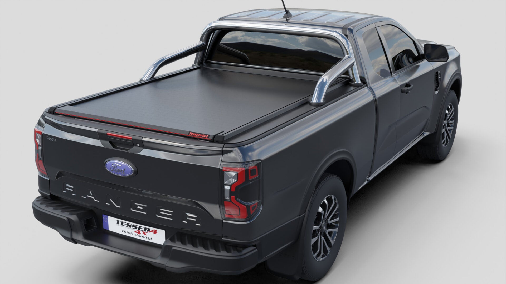 Laderaumabdeckung Tessera SE für FORD Ranger T6.2 P703 2023+ Extrakabine mit OEM Überrollbügel TESS 15070 ROLL black matt