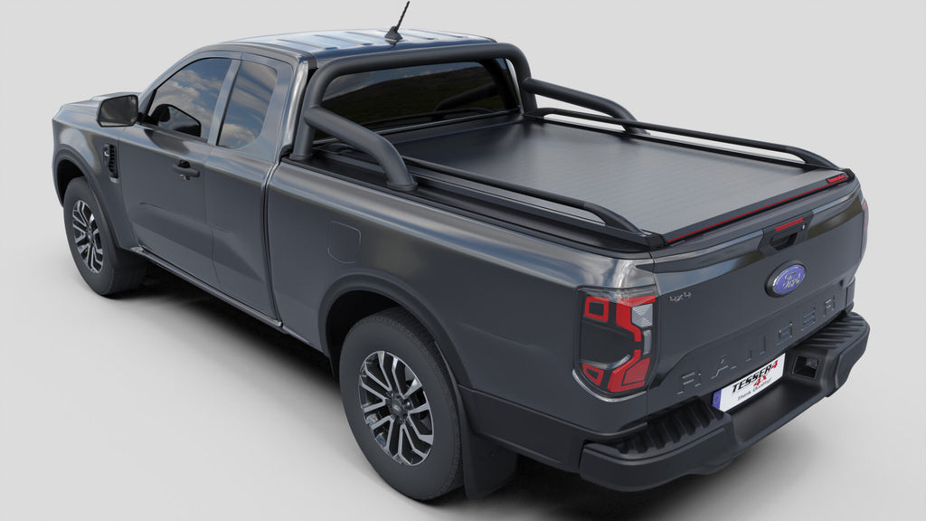 Laderaumabdeckung Tessera SE für FORD Ranger T6.2 P703 2023+ Extrakabine mit OEM Überrollbügel TESS 15070 ROLL black matt
