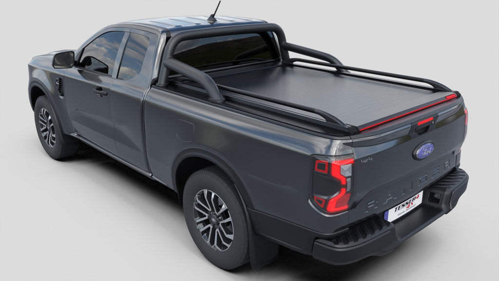 Tessera Roll+ Laderaumabdeckung "Basic" für FORD Ranger T6.2 P703 2023+ Extrakabine mit OEM Überrollbügel TESS 14070 ROLL black matt