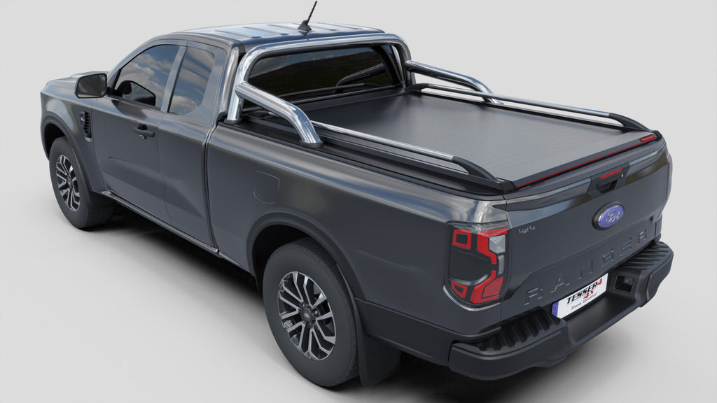 Laderaumabdeckung Tessera SE für FORD Ranger T6.2 P703 2023+ Extrakabine mit OEM Überrollbügel TESS 15070 ROLL black matt