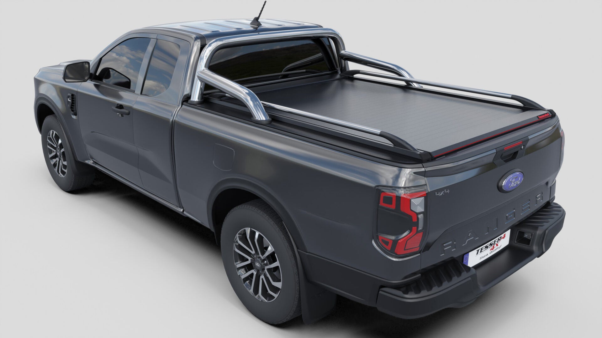 Laderaumabdeckung Tessera SE für FORD Ranger T6.2 P703 2023+ Extrakabine mit OEM Überrollbügel TESS 15070 ROLL black matt