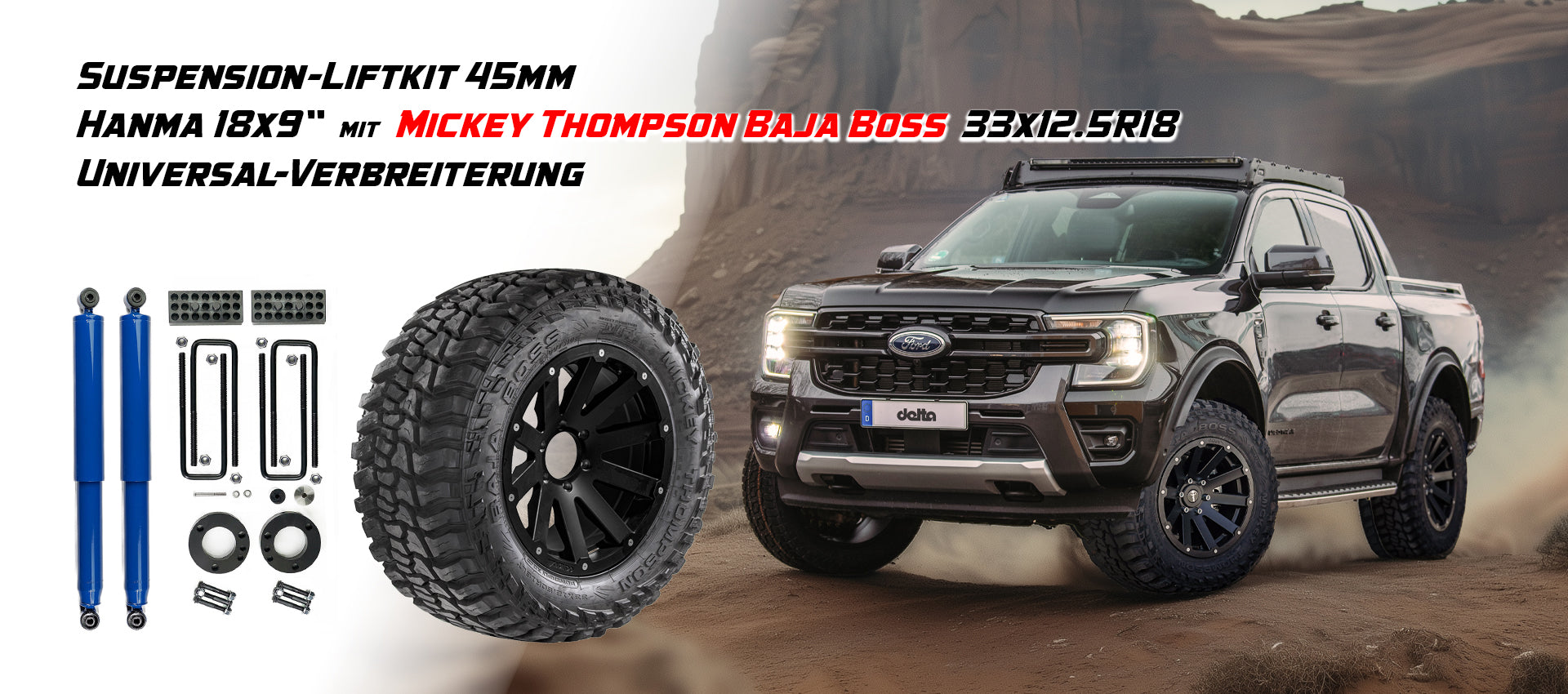 Complete Ford Ranger conversion with lift kit, Hanma and Mickey Thompson 33x12.5R18
